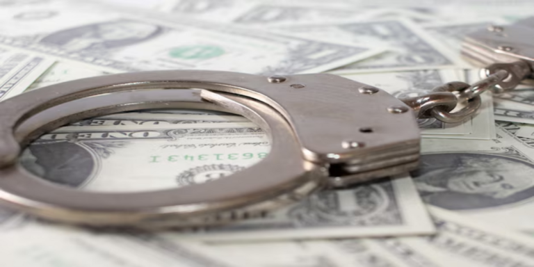 Handcuffs placed on one-dollar bills