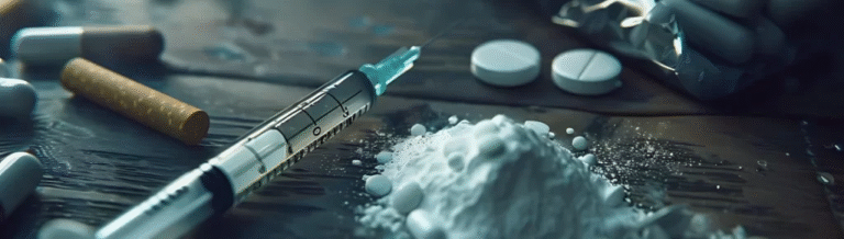 A syringe, cigarettes, and pills