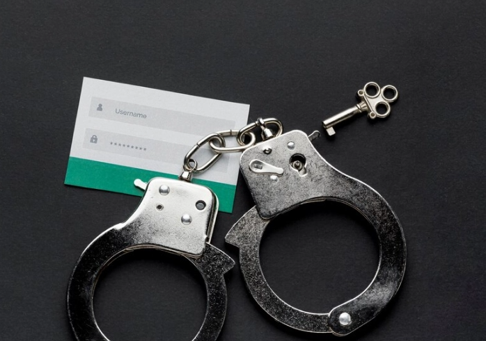A silver colored handcuff bracelet on top of a table. 