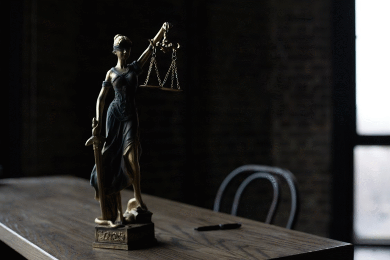 An image of a lady justice statuette on a table