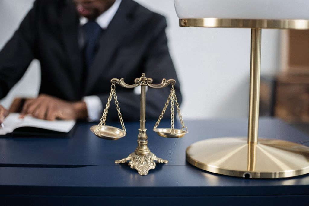 An image of a balance scale on a table