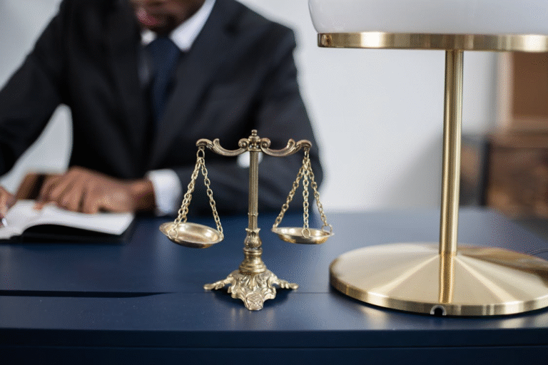 An image of a balance scale on a table