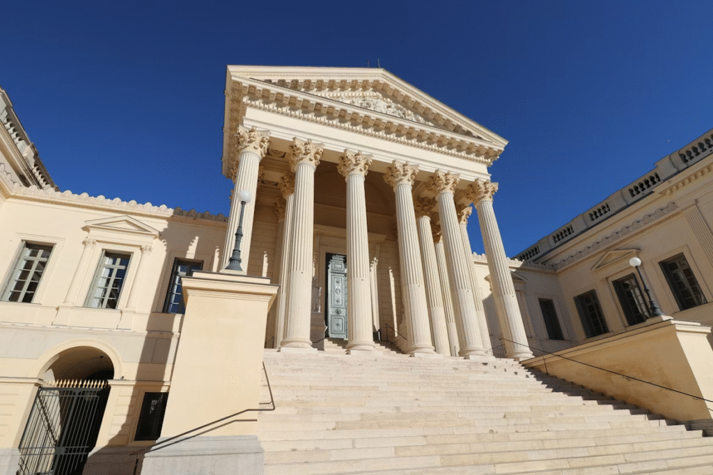 Large courthouse building with columns and a clock tower