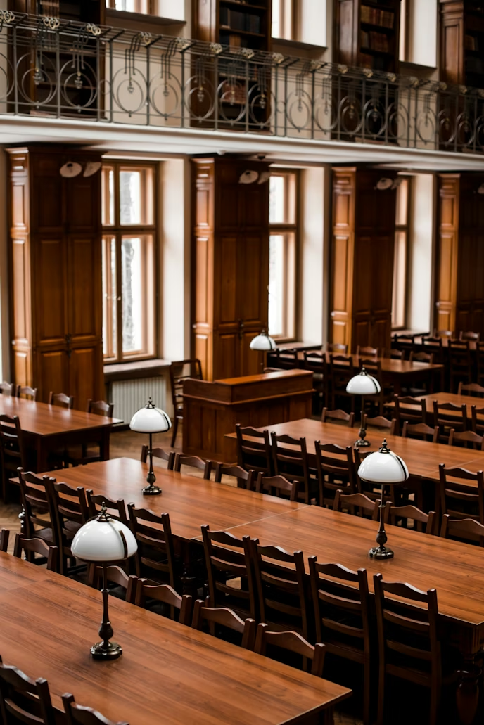 Room filled with wooden tables and chairs in a courtroom setting