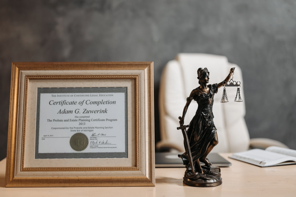 A certificate and a Lady of Justice statue on a table